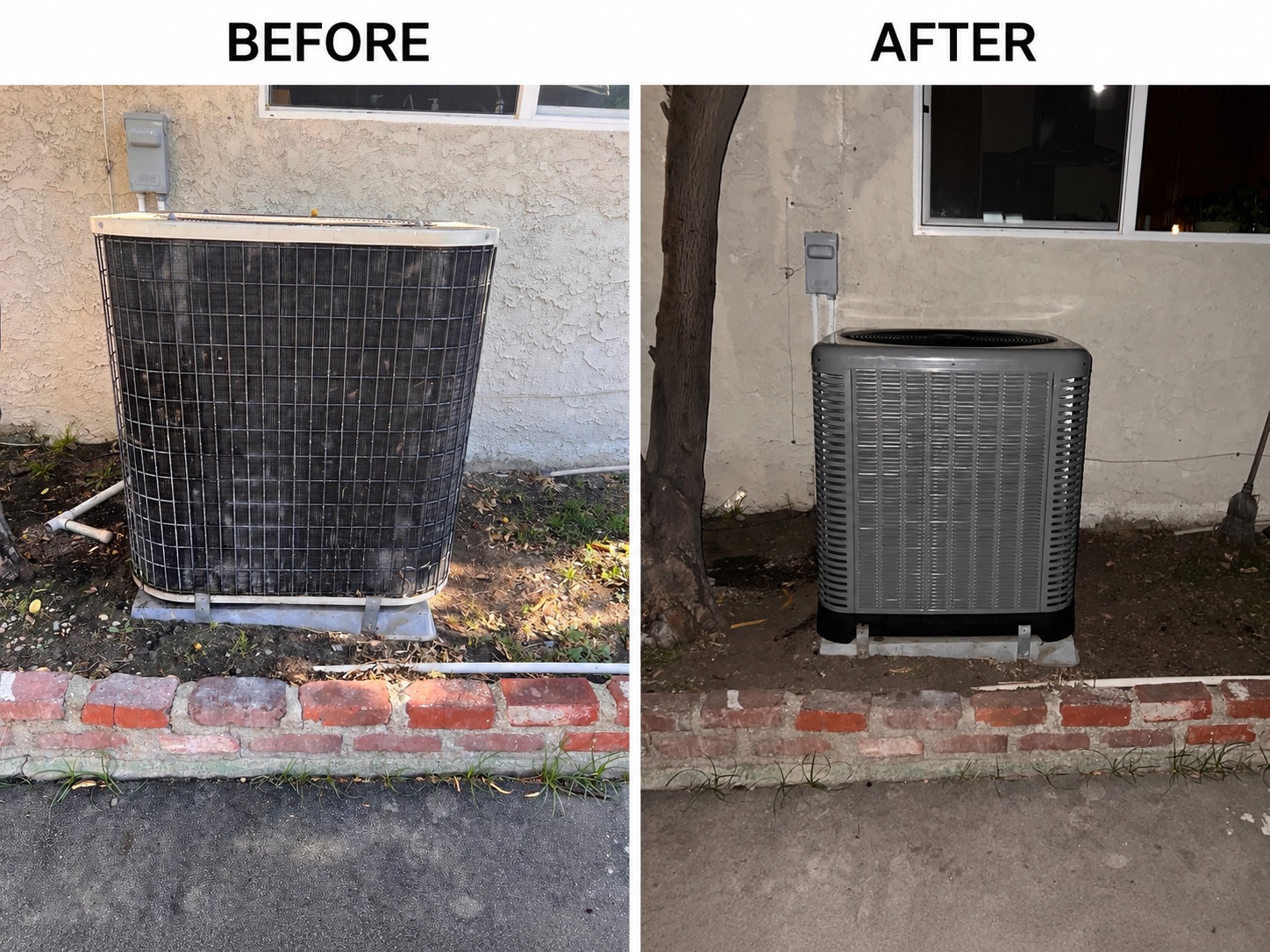 Before and after photos of a residential AC condenser replacement