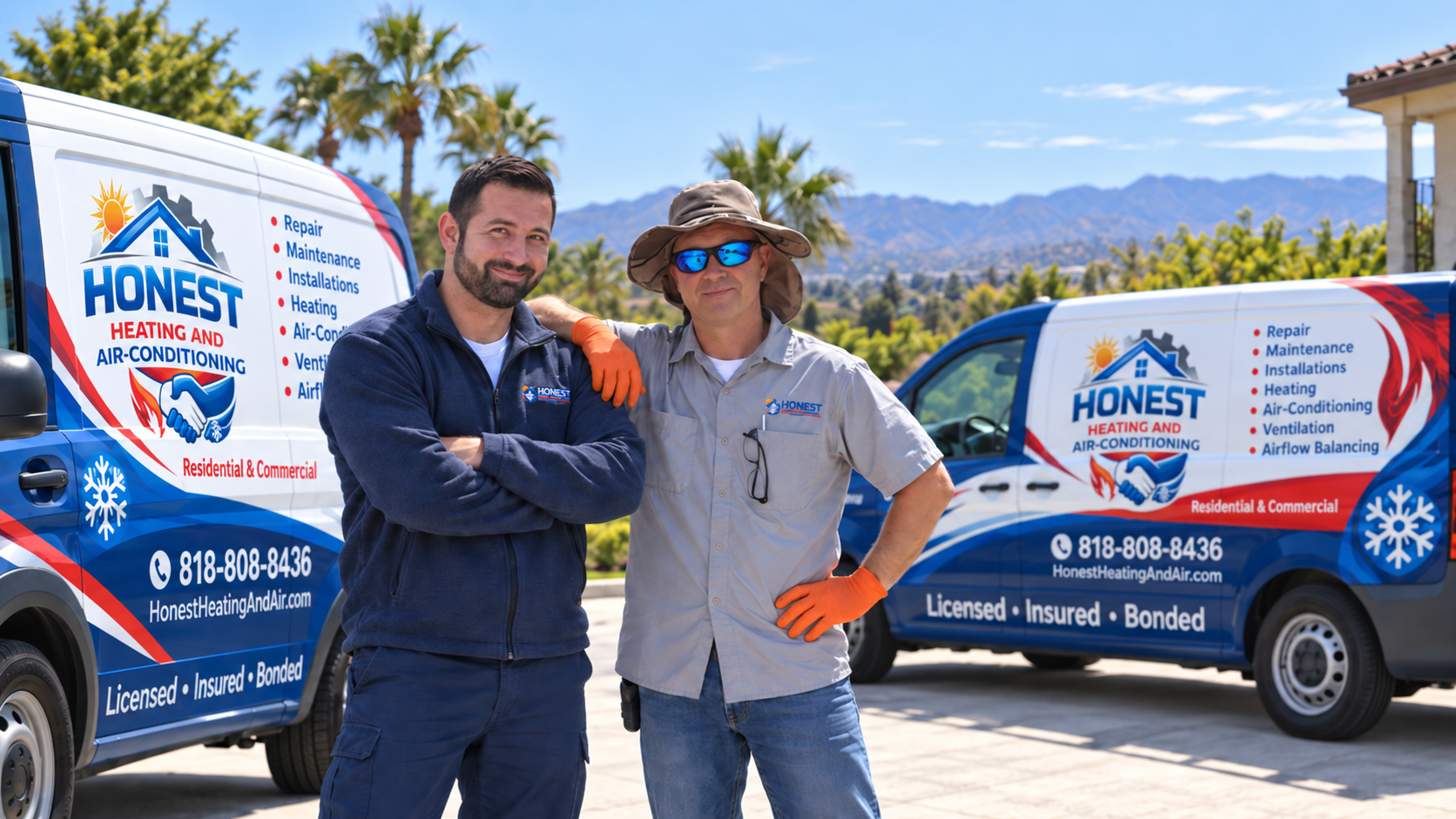 Two Honest Heating & Air Conditioning technicians standing beside branded service vans