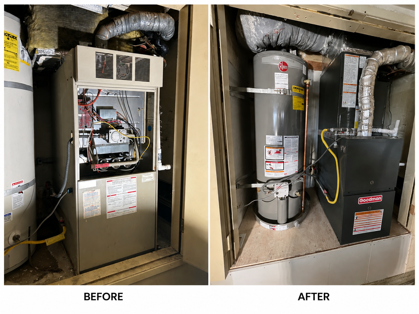 Real before and after residential furnace and hot water heater replacement