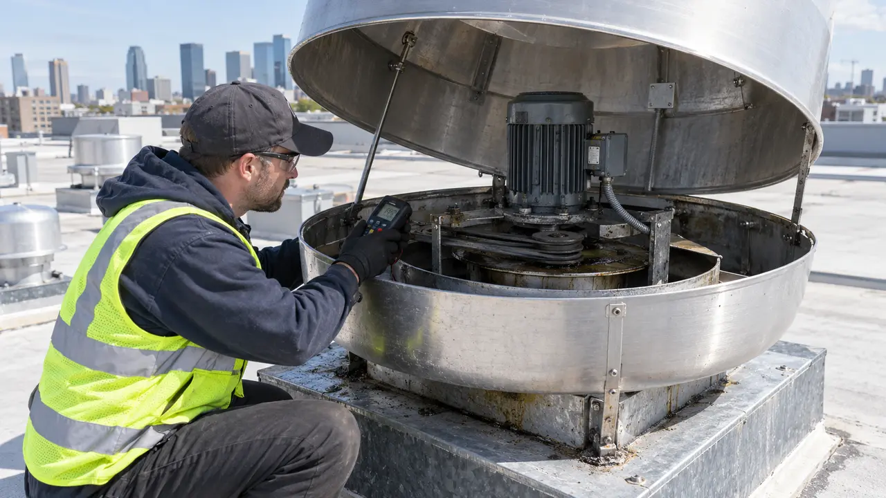 Technician inspecting a commercial rooftop upblast exhaust fan