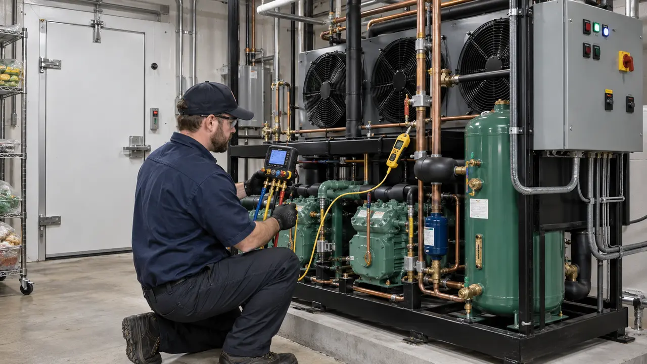Technician servicing a commercial refrigeration rack with digital gauges