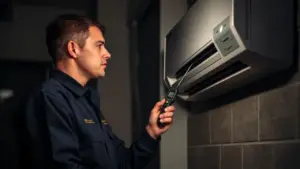 HVAC technician using a digital temperature probe to inspect a ductless mini-split air conditioner