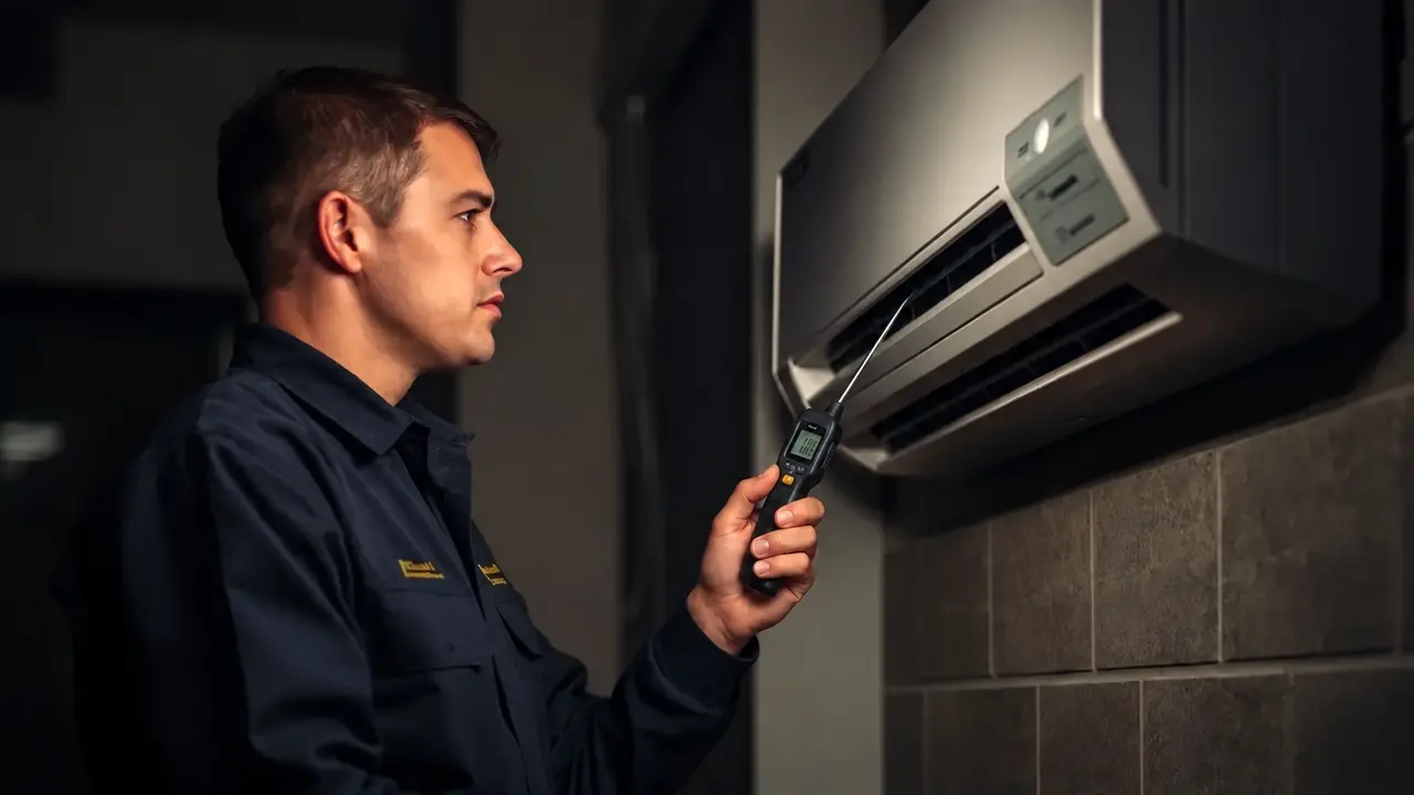 HVAC technician using a digital temperature probe to inspect a ductless mini-split air conditioner