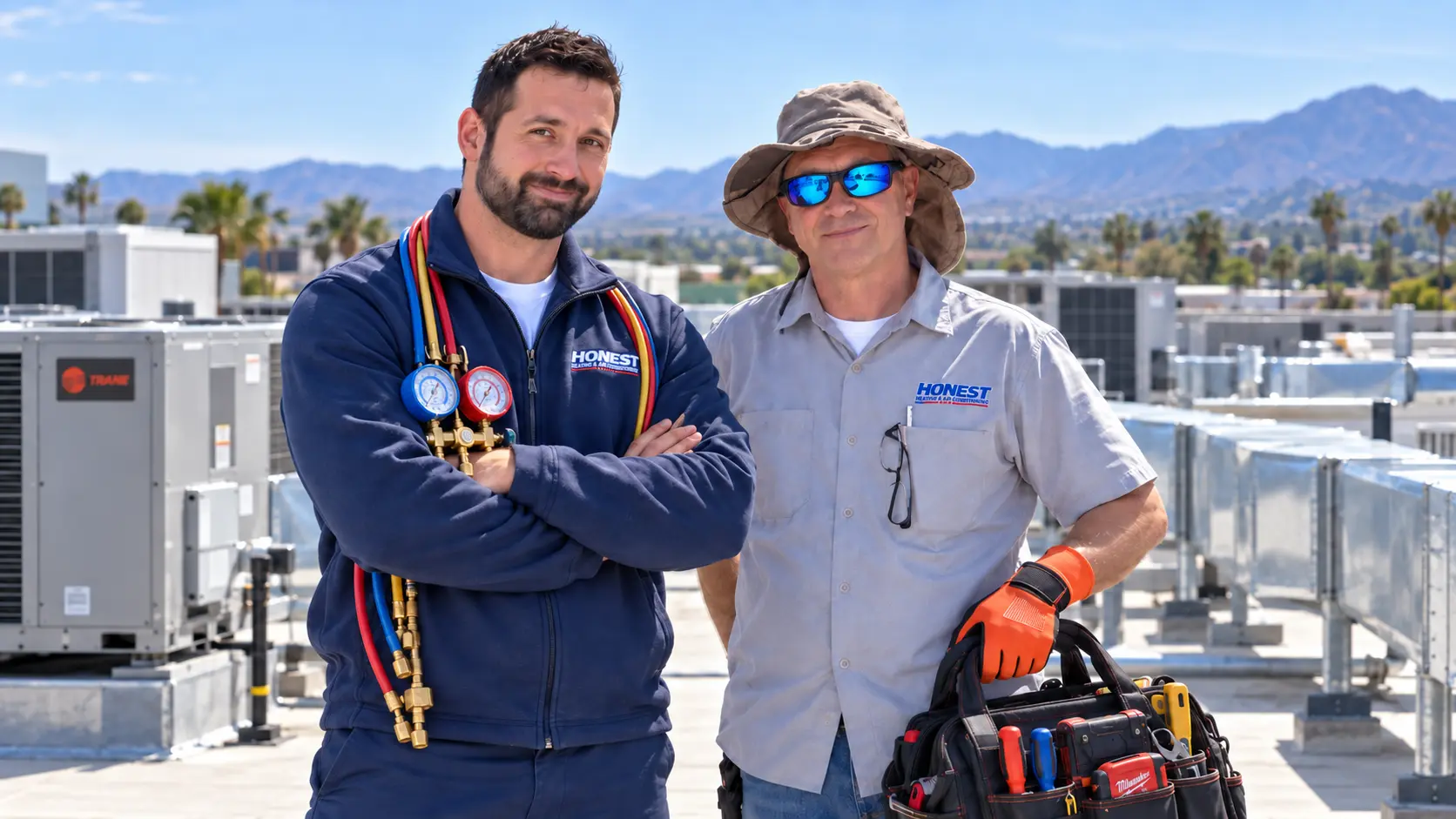 Honest Heating and Air Conditioning technicians on a commercial rooftop