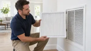 Technician installing a clean pleated HVAC air filter at a return grille