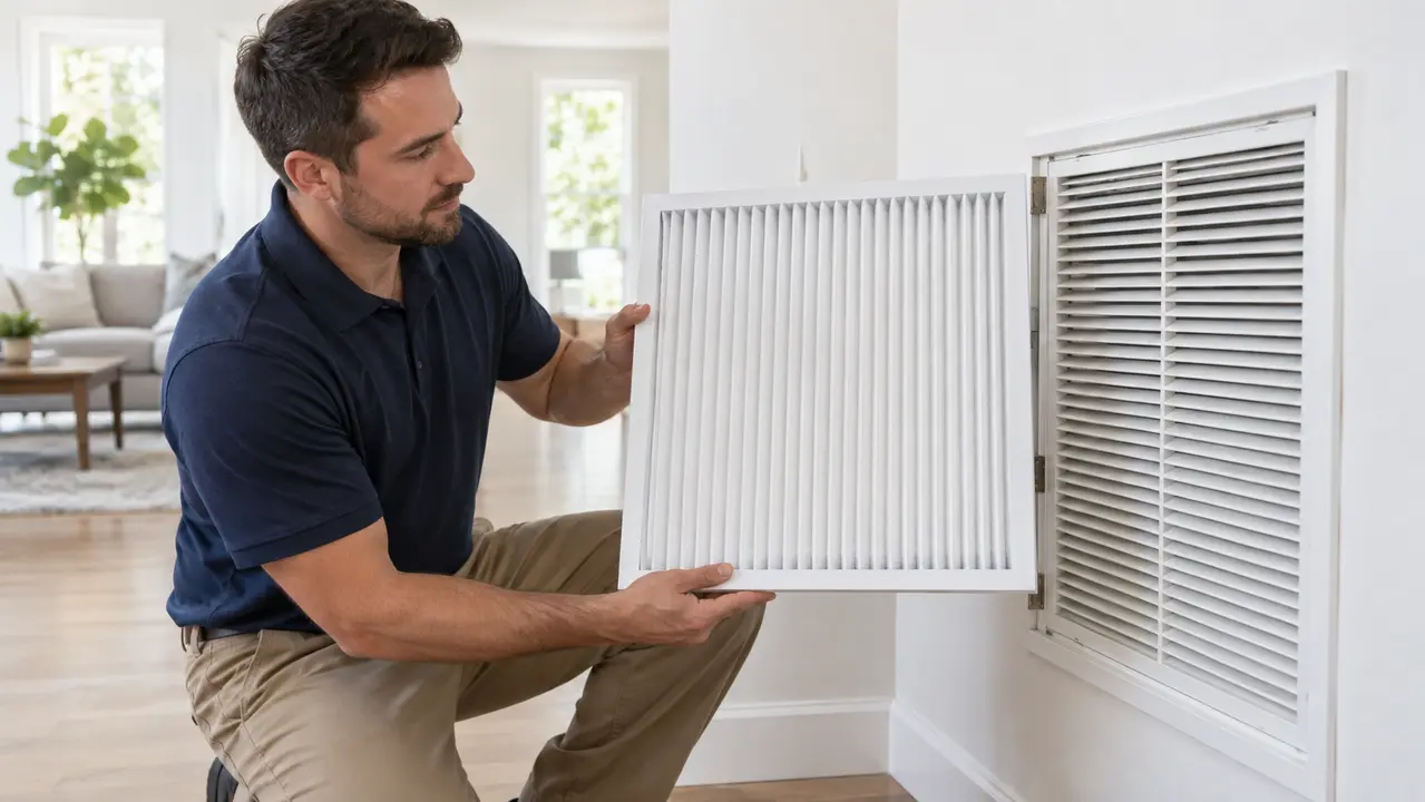 Technician installing a clean pleated HVAC air filter at a return grille