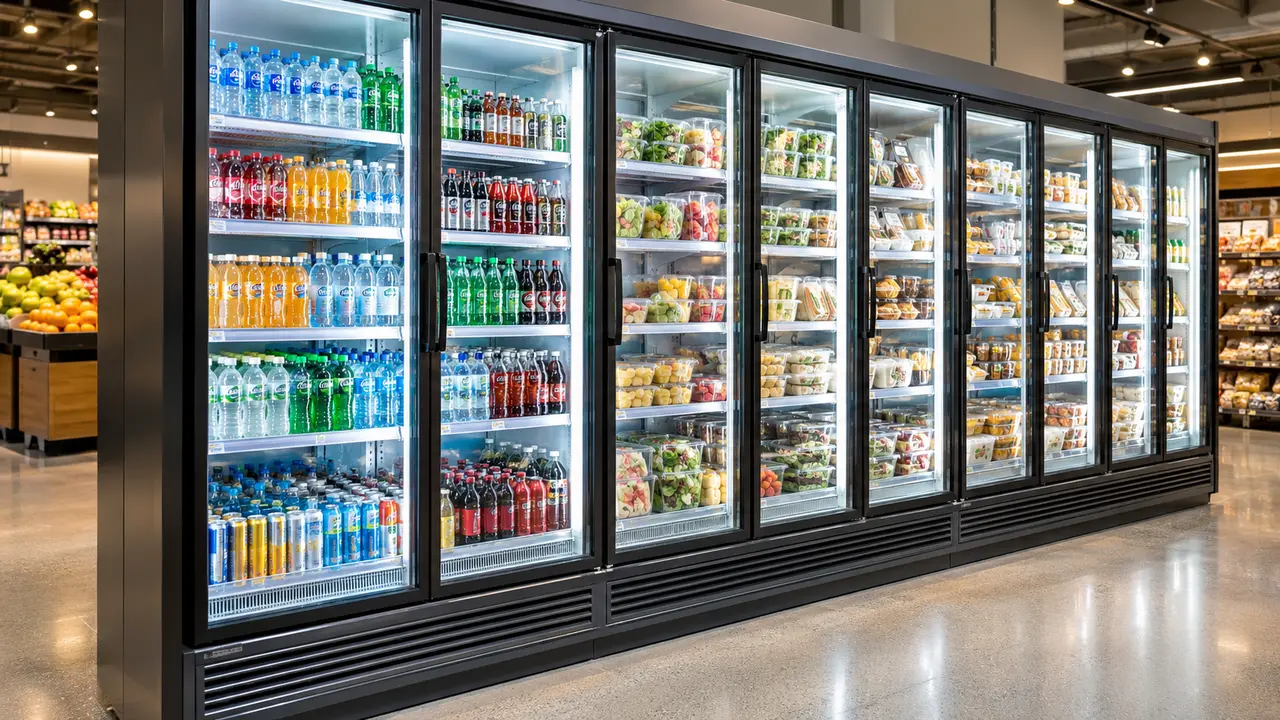 Modern supermarket glass-door refrigerated display cases