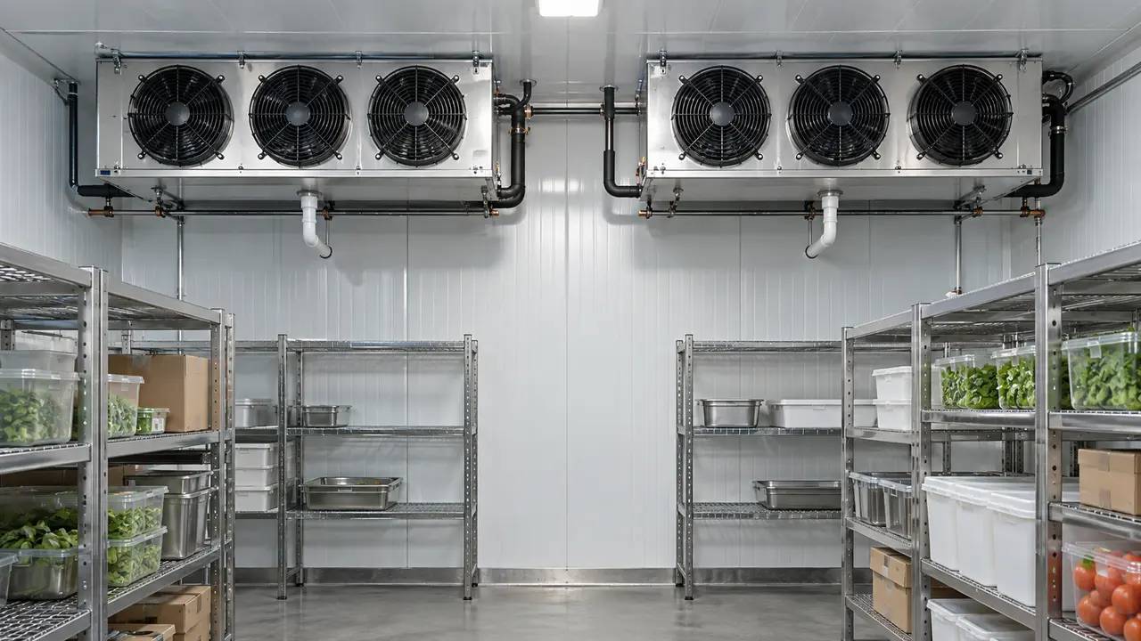 Two walk-in cooler evaporator units above merchandise shelving