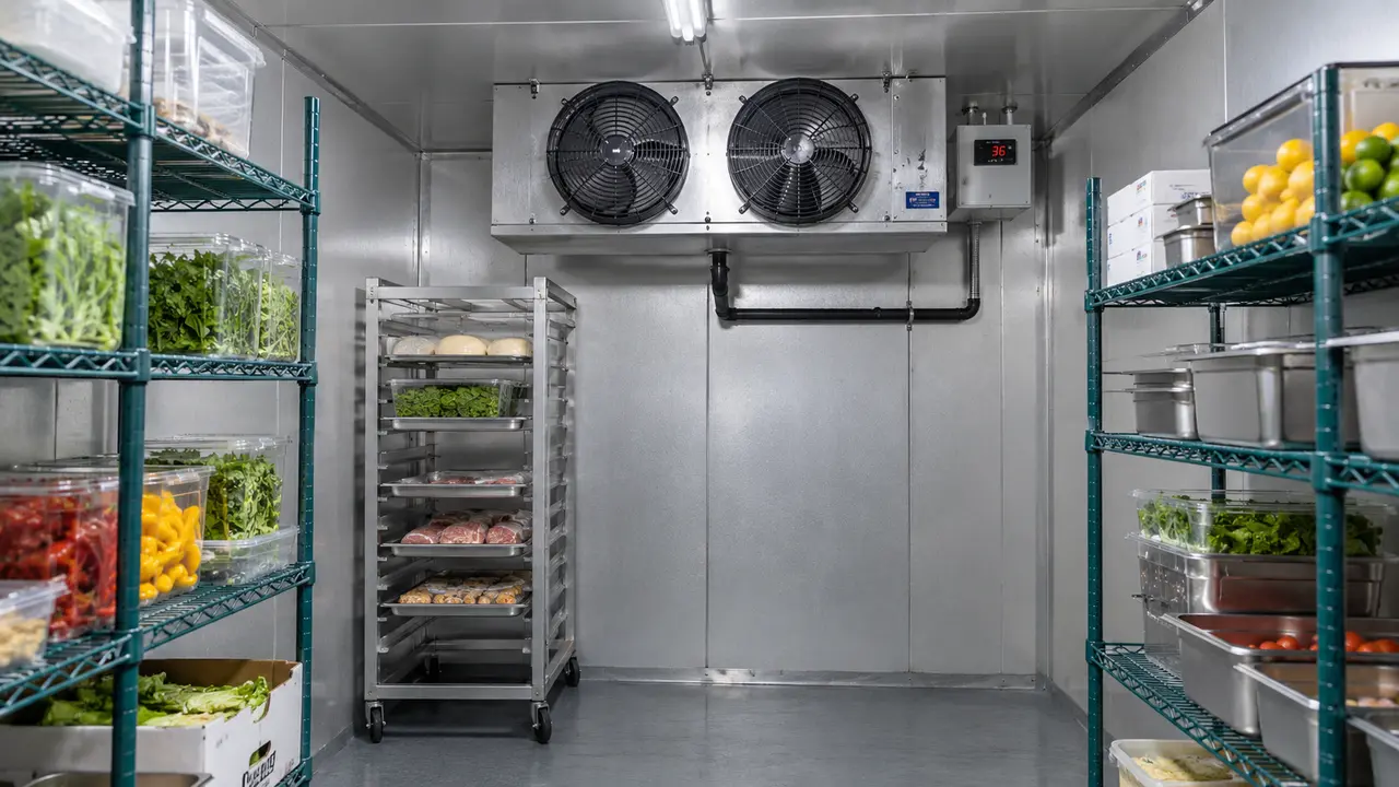 Commercial walk-in cooler interior with evaporator and shelving