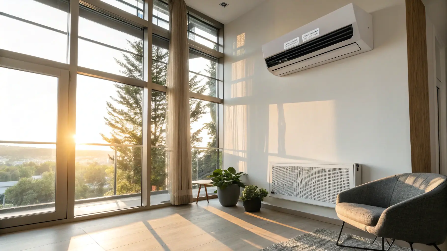 Modern ductless mini-split air conditioner in a bright, comfortable home